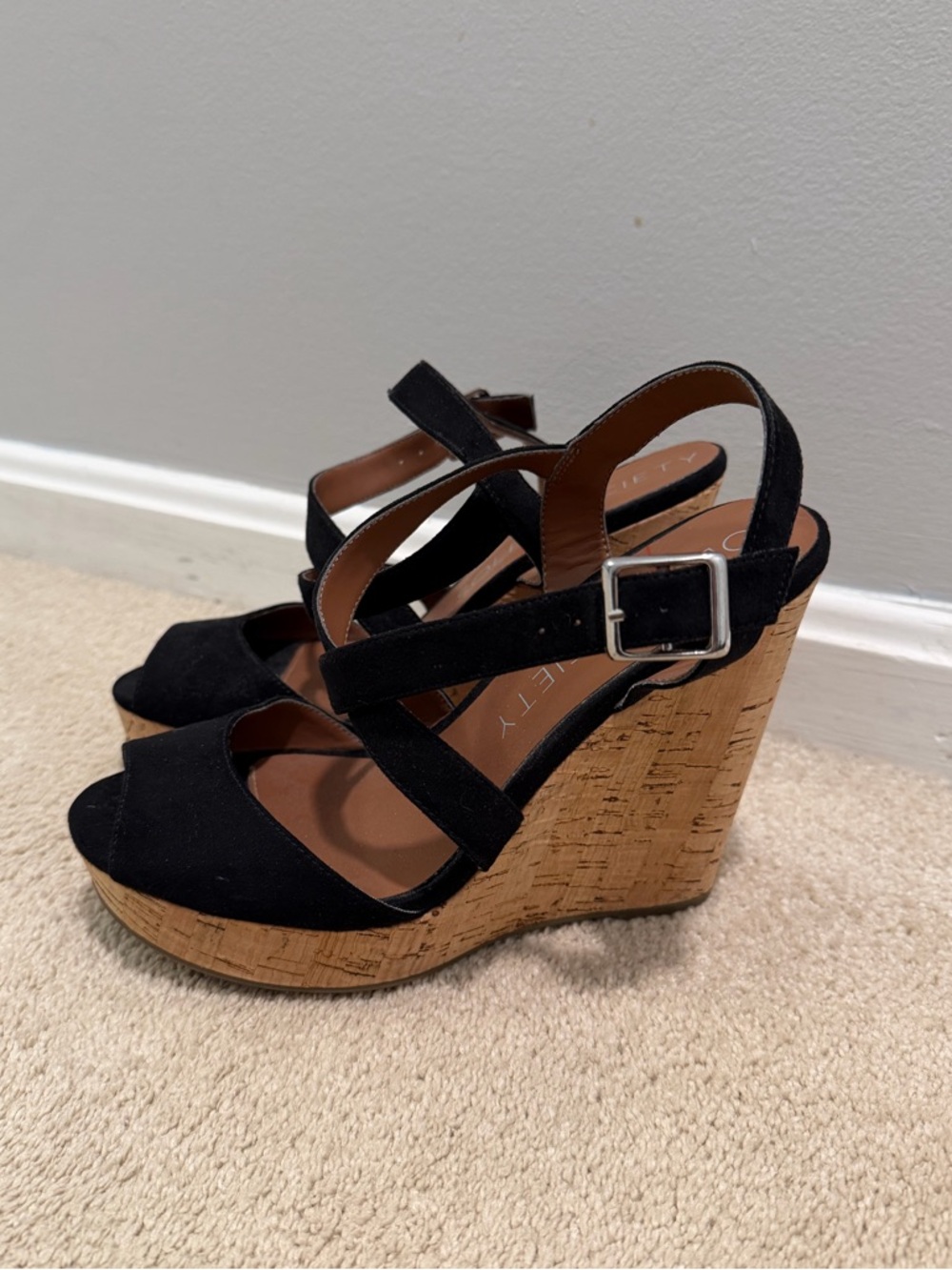 Sole Society Black Cork Wedge Sandals, Like New